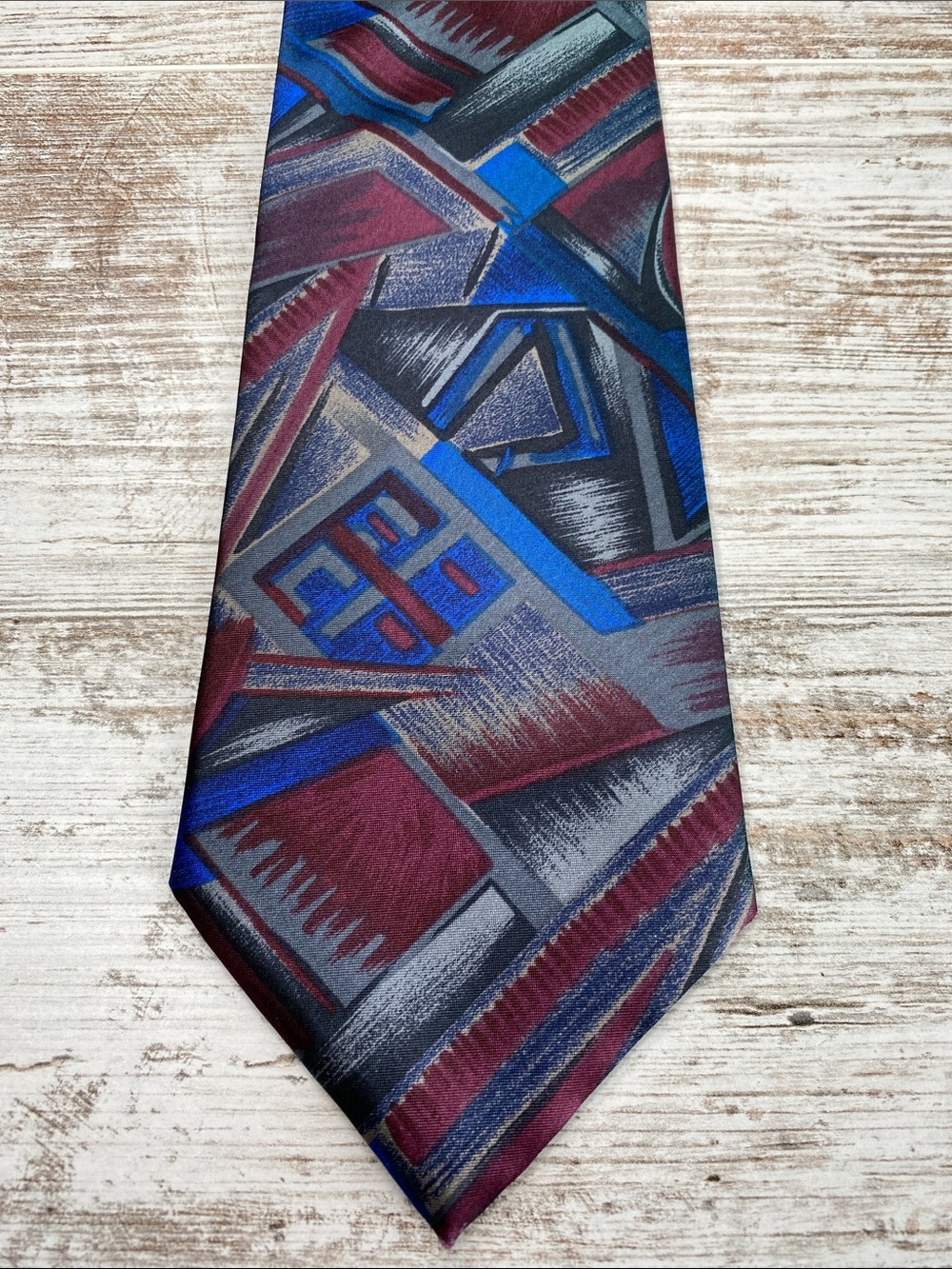 Vintage Allyn Saint George Abstract Geometric Tie Blue Burgundy Gray Wide 90s